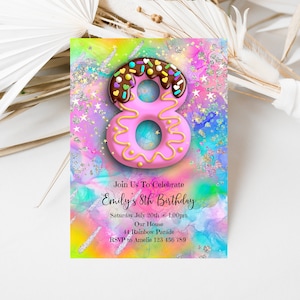 8th Birthday Invitation Girl Rainbow Glitter, Editable Invite, Candy Chocolate Pink Stars Sprinkles Confetti Birthday Invitation, cm1