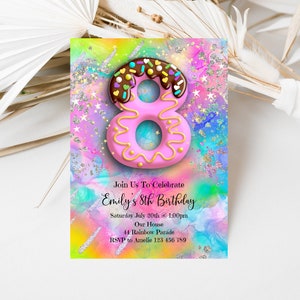 8th Birthday Invitation Girl Rainbow Glitter, Editable Invite, Candy Chocolate Pink Stars Sprinkles Confetti Birthday Invitation, cm1