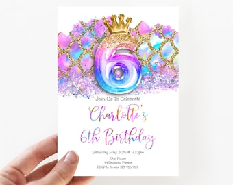 Invitación de cumpleaños número 6 con brillo de sirena rosa, invitación editable con corona de sirena, lacmm1