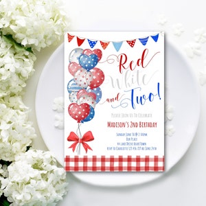 2nd Birthday Invitation Red White and Two, 4th July Invite, Independence Day Birthday Invitation 4th July Party Two Birthday