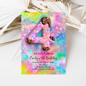 4th Birthday Invitation Girl Rainbow Glitter, Editable Invite, Candy Chocolate Pink Stars Sprinkles Confetti Birthday Invitation, cm1