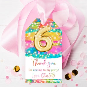 6th Birthday Printable Favor Tag, Pink Rainbow Fairy Lights Thank you Birthday Party Gift tags, rsbg1