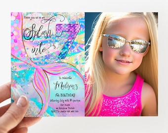 Splash into 7 Birthday Invitation, Photo Invitation, Glitter Editable Birthday Invitation, Under the Sea Ocean Printable Template