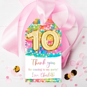 10th Birthday Printable Favor Tag, Pink Rainbow Fairy Lights Thank you Birthday Party Gift tags, rsbg1