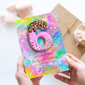 Convite de aniversário de 6 anos para meninas, arco-íris, glitter, convite editável, chocolate, estrelas rosa, confeitos, convite de aniversário, cm1
