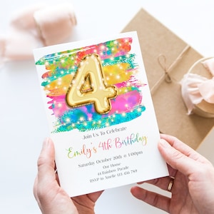 Invitación editable para el 4.º cumpleaños: luces de hadas rosas, arcoíris, rsbg1