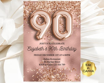 Editable 90th Birthday Invitation, Rose Gold Glitter 80th Invitation Instant Download Template Printable Invitation Digital Invite CAVRG1