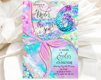 Invitación de sirena para sexto cumpleaños con purpurina, azul, rosa y bajo el mar. Invitación de cumpleaños editable con purpurina, holográfica, LACU1.
