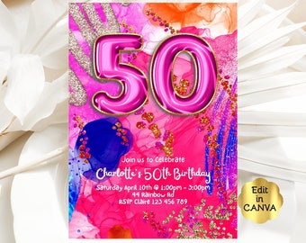 Editable 50th Birthday Invitation, Hot Pink Gold Glitter 50th Party Instant Download Gold Foil Template Printable Invitation CAVHPP