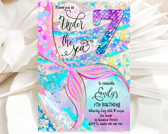 7th Birthday Mermaid Invitation Purple Blue Pink Under The Sea Invite Glitter Editable Birthday Invitation, Holographic, LACU1