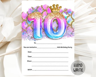 10th Mermaid Birthday Invitation, Fill-In Invite Mermaid Birthday, Blank Invitation, Fill-In The Blanks, Handwritten Invite, FIWM1