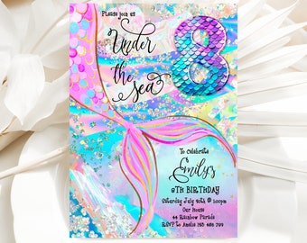 8th Birthday Mermaid Invitation Purple Blue Pink Under The Sea Invite Glitter Editable Birthday Invitation, Holographic, LACU1