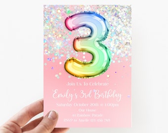 3rd Birthday Invitation Editable Pink Glitter Birthday Invitation, Rainbow Holographic Editable invite, hop1