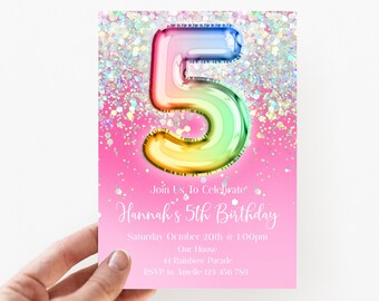 5. Geburtstagseinladung bearbeitbar rosa Glitzer-Geburtstagseinladung, Regenbogen holographisch bearbeitbare Einladung, hohp1
