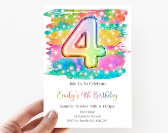 Rainbow 4th Birthday Invitation Editable Pink Blue Yellow Birthday Invitation, Rainbow Fairy Lights Editable invite, rorfl1
