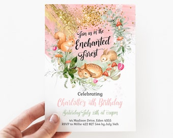 Any Age Printable Editable Enchanted Forest Woodland Birthday Invitation Deer Rabbit Animals Pink Gold Glitter