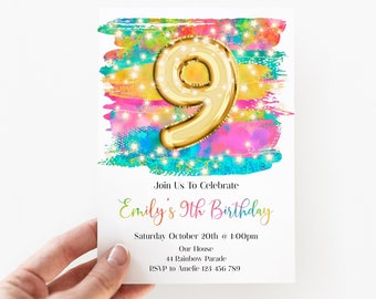 9th Birthday Invitation Editable Pink Fairy Lights Birthday Invitation, Rainbow Editable invite, Paperless Post, rsbg1