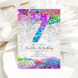 7th Birthday Invitation Girl, Mermaid Invitation Birthday Mermaid Party Invitation Editable Template MERM1