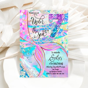 7th Birthday Mermaid Invitation Purple Blue Pink Under The Sea Invite Glitter Editable Birthday Invitation, Holographic, LACU1