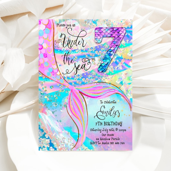 7th Birthday Mermaid Invitation Purple Blue Pink Under The Sea Invite Glitter Editable Birthday Invitation, Holographic, LACU1