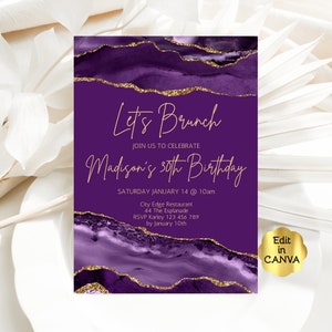 Editable Birthday Brunch Invitation, Purple and Gold Birthday Invite, Editable Template Printable PALAC1