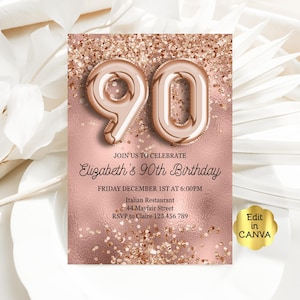 Editable 90th Birthday Invitation, Rose Gold Glitter 80th Invitation Instant Download Template Printable Invitation Digital Invite CAVRG1