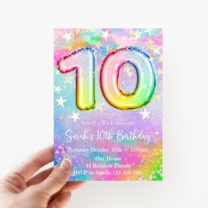 10th Birthday Invitation Editable Pink Stars Birthday Invitation, Rainbow Holographic Editable invite,  rainbost1