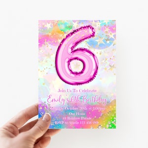 6th Birthday Invitation Editable Pink Stars Birthday Invitation, Rainbow Holographic Editable invite, LAC2pRS1
