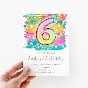 Rainbow 6th Birthday Invitation Editable Pink Blue Yellow Birthday Invitation, Rainbow Fairy Lights Editable invite, rorfl1