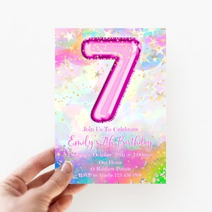 7th Birthday Invitation Editable Pink Stars Birthday Invitation, Rainbow Holographic Editable invite, LAC2pRS1