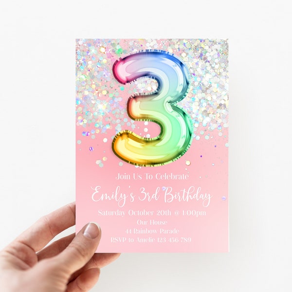 3rd Birthday Invitation Editable Pink Glitter Birthday Invitation, Rainbow Holographic Editable invite, hop1