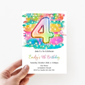 Rainbow 4th Birthday Invitation Editable Pink Blue Yellow Birthday Invitation, Rainbow Fairy Lights Editable invite, rorfl1