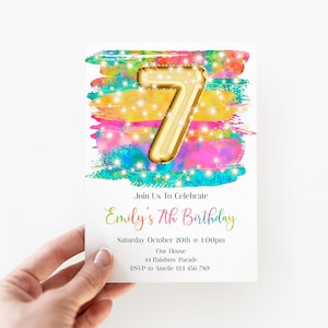 7th Birthday Invitation Editable Pink Fairy Lights Birthday Invitation, Rainbow Editable invite, rsbg1
