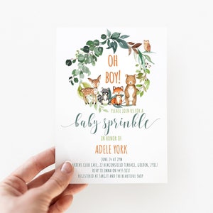 EDITABLE Printable Boy Baby SPRINKLE Invitation, Woodland Baby Shower, Forest Animals, Baby Animals, Custom Invitation, Corjl , w1