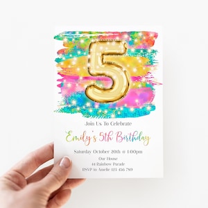 5th Birthday Invitation Editable Pink Fairy Lights Birthday Invitation, Rainbow Editable invite, Paperless Post, rsbg1