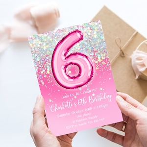 6th Birthday Invitation Editable Pink Glitter Birthday Invitation, Hot Pink Holographic Editable invite, brph1