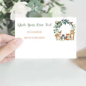 Blanco boskaart, babyshower-uitbreidingskaarten, bewerkbare tekst, bosdieren, w1
