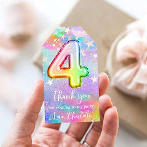 Etichette regalo stampabili per il 4° compleanno, etichette regalo per feste di compleanno con stelle e arcobaleno, rainbost1