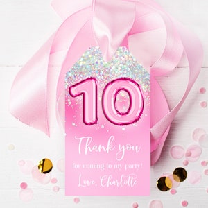 10th Birthday Printable Favor Tag, Pink Glitter Rainbow Birthday Party Gift tags, brph1