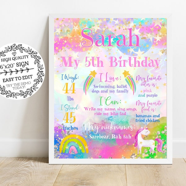 16x20 Editable Milestone Poster Sign, Any Age Birthday Party Memory Board Sign Rainbow Holographic Sign, LAC2RS1