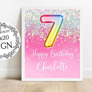 16x20 Welcome Sign 7th Birthday Party Sign, Happy Birthday Sign, Editable Pink Glitter Rainbow Holographic hohp1