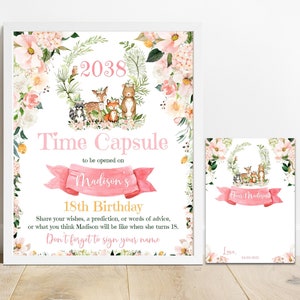 Sinal da cápsula do tempo e cartão de nota primeiro aniversário menina, animais selvagens da floresta primeiro aniversário sinal da cápsula do tempo, urso floral rosa, wo1