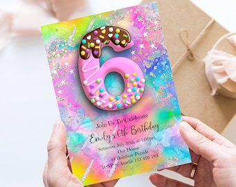 Invitación de cumpleaños para niña con purpurina arcoíris, editable, con estrellas rosas, chocolate y chispas, cm1