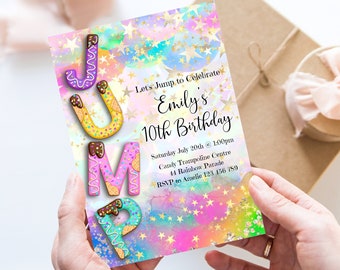 Jumping Birthday Invitation Girl, Trampoline Party Jump Editable Invite, Candy Chocolate Pink Stars Sprinkles Confetti Birthday Invitation