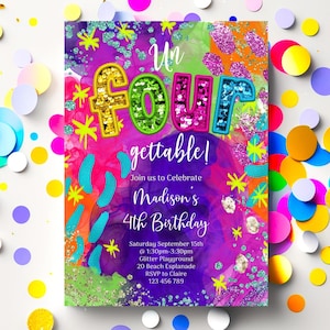 Invitación de cumpleaños inolvidable, invitación editable con lentejuelas brillantes para el cuarto cumpleaños.