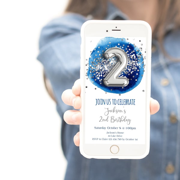 2nd Birthday Evite Blue Silver Glitter Girl Boy Digital Electronic Two Birthday Text Balloon Number Smartphone Invite, bsi1