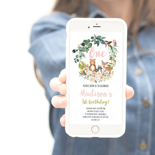 Woodland Animal 1st Birthday Invitation Girl, Electronic Invitation,  Fox Bear Deer First Birthday Evite Smartphone Invite , wfl1