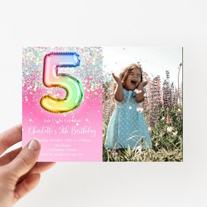 Add Your Photo, 5th Birthday Invitation Editable Pink Glitter Birthday Invitation, Rainbow Holographic Editable invite, hohphot1