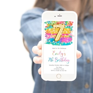 Rainbow Gold 7th Birthday Evite, Gold Number Invite Girl Text Evite, rsbg1