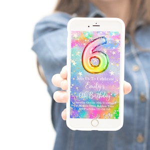 6th Birthday Evite Editable Pink Stars Birthday Invitation, Rainbow Holographic Editable invite, rainbost1